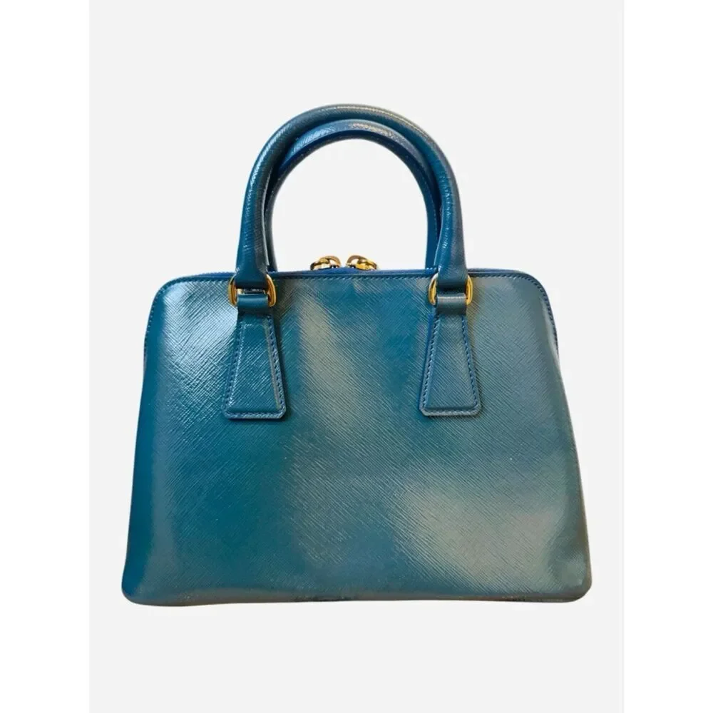 Prada Azzuro Saffiano Vernice Leather Bowler Double-Top Handle Lux Promenade Bag